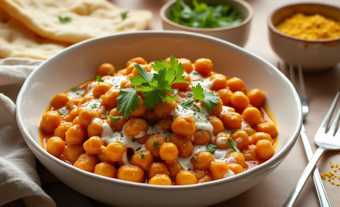 A bowl of creamy Indian butter chickpeas garnished with fresh cilantro, served with basmati rice and naan on the side.