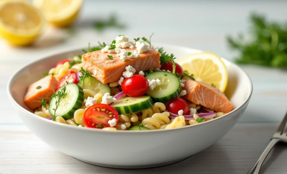 A fresh and vibrant bowl of easy salmon orzo pasta salad with vegetables, perfect for a healthy meal.