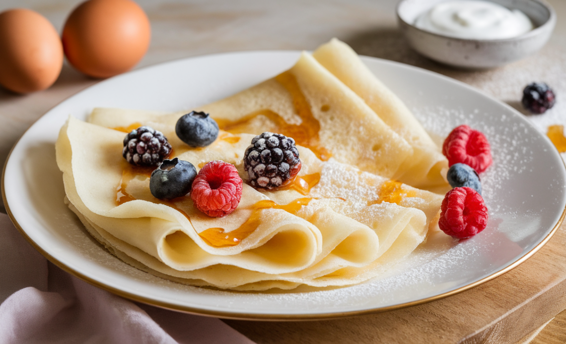 A stack of thin, golden-brown egg white crepes folded and topped with fresh berries and a drizzle of honey.