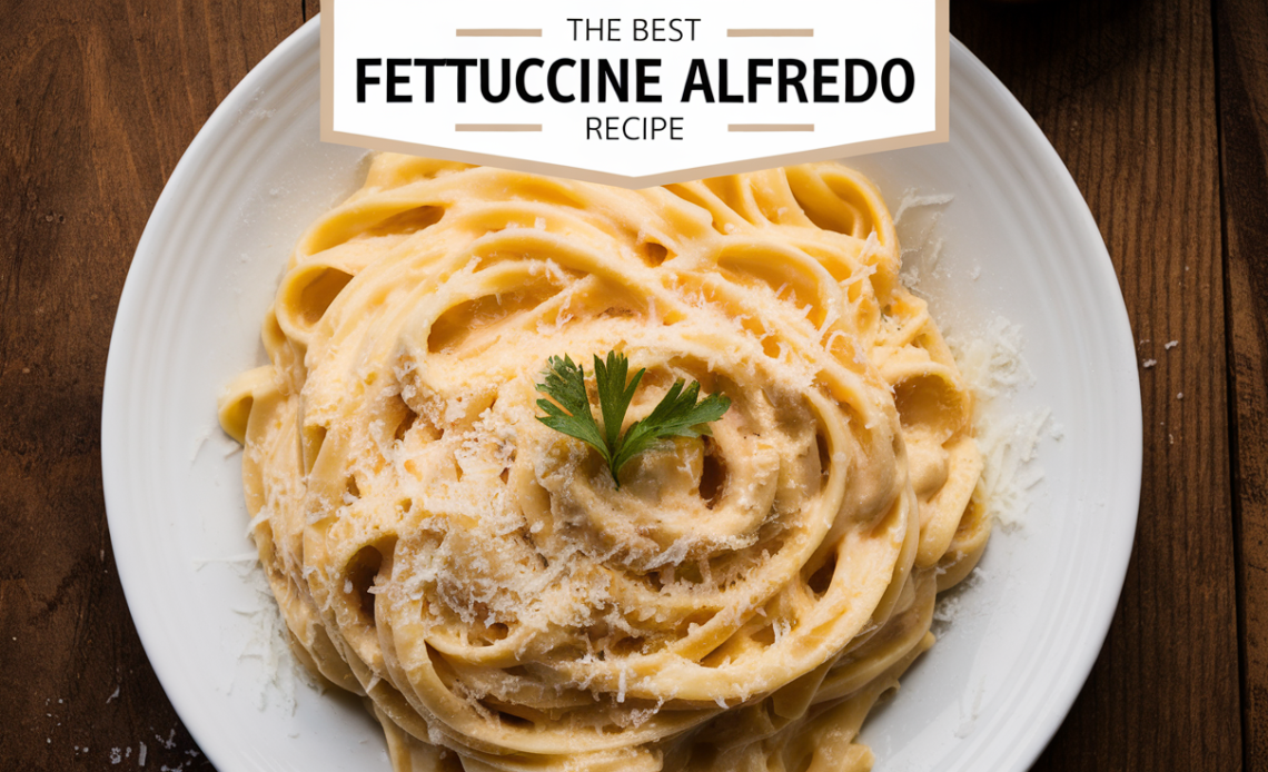 A creamy plate of fettuccine alfredo, with rich sauce coating the pasta, garnished with freshly grated parmesan and parsley.