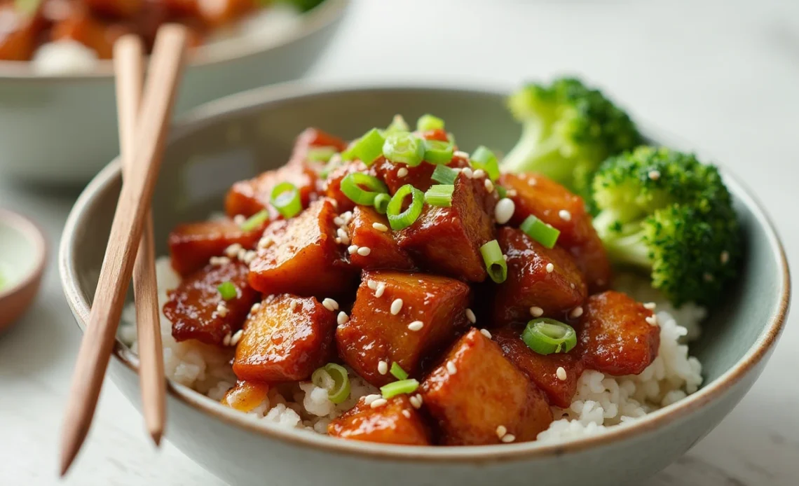 A bowl of crispy firecracker beef glazed in a spicy-sweet sauce, served over steamed rice with fresh vegetables and garnished with sesame seeds and green onions.