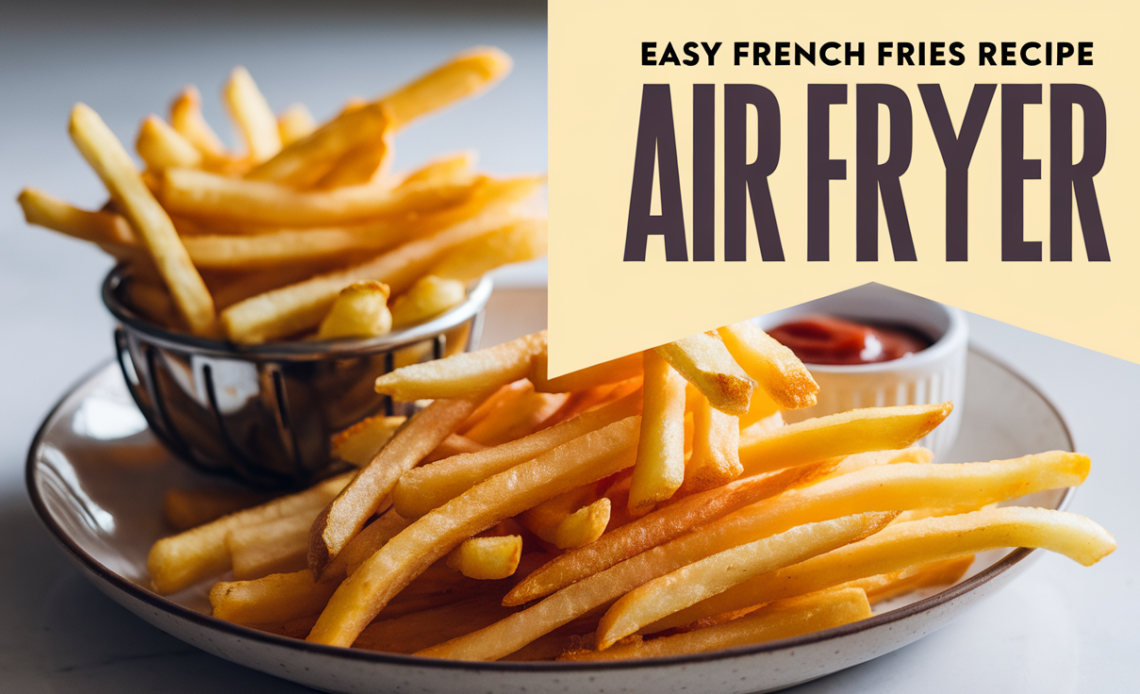 A plate of crispy, golden homemade French fries sprinkled with salt, served with a side of ketchup.