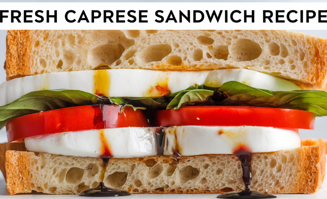 A freshly made Caprese sandwich with ripe tomatoes, fresh mozzarella, basil leaves, and a drizzle of balsamic glaze, served on a crusty baguette.