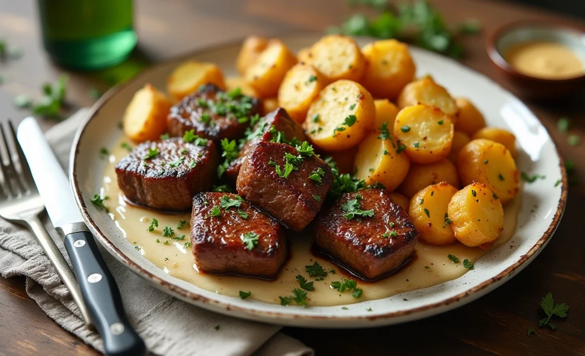 Juicy garlic butter steak bites served with crispy, cheesy smashed potatoes on a rustic plate.