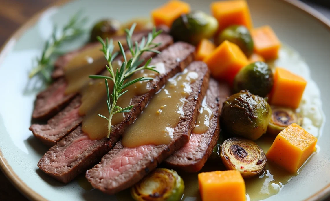A sizzling garlic butter steak served alongside roasted Brussels sprouts and caramelized butternut squash on a rustic plate.