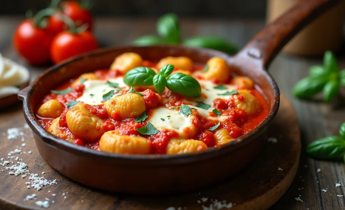 A plate of gnocchi alla sorrentina, featuring soft potato gnocchi smothered in a rich tomato sauce, topped with melted mozzarella and fresh basil.