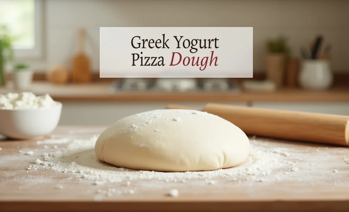 A freshly baked pizza made with Greek yogurt dough, topped with tomato sauce, cheese, and fresh basil, served on a wooden board.