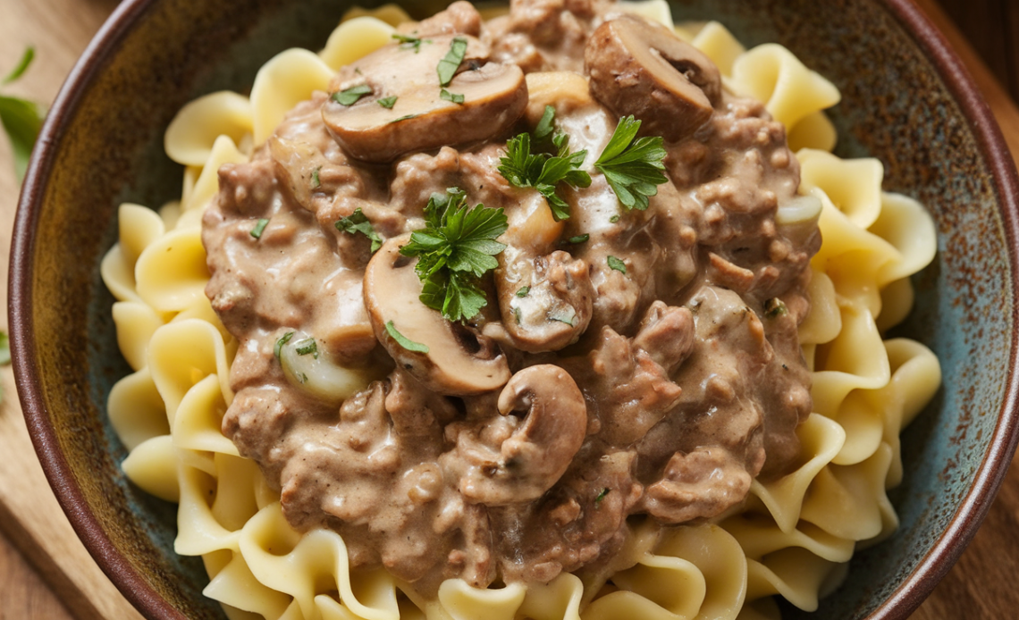 A bowl of creamy ground beef stroganoff served over egg noodles, garnished with fresh parsley and a sprinkle of black pepper.