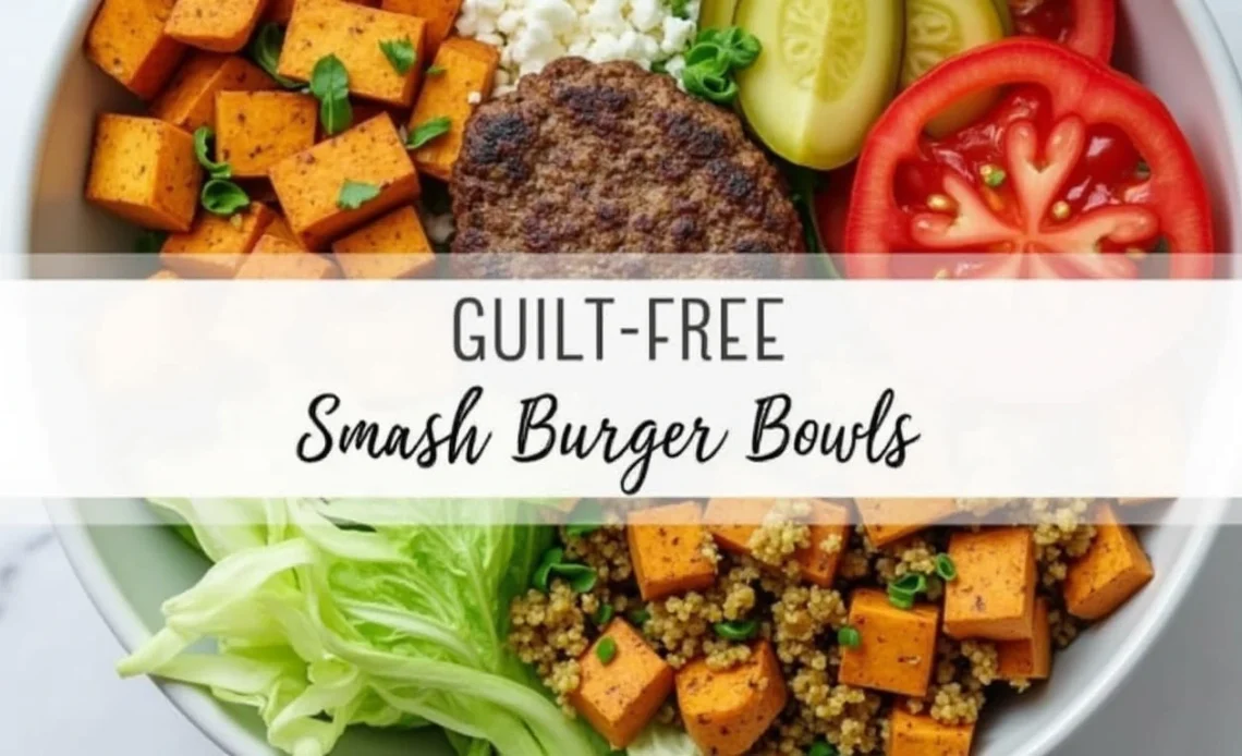 A delicious guilt-free smash burger bowl with lean beef patty, fresh lettuce, tomato, pickles, and a creamy sauce, served over a bed of cauliflower rice.