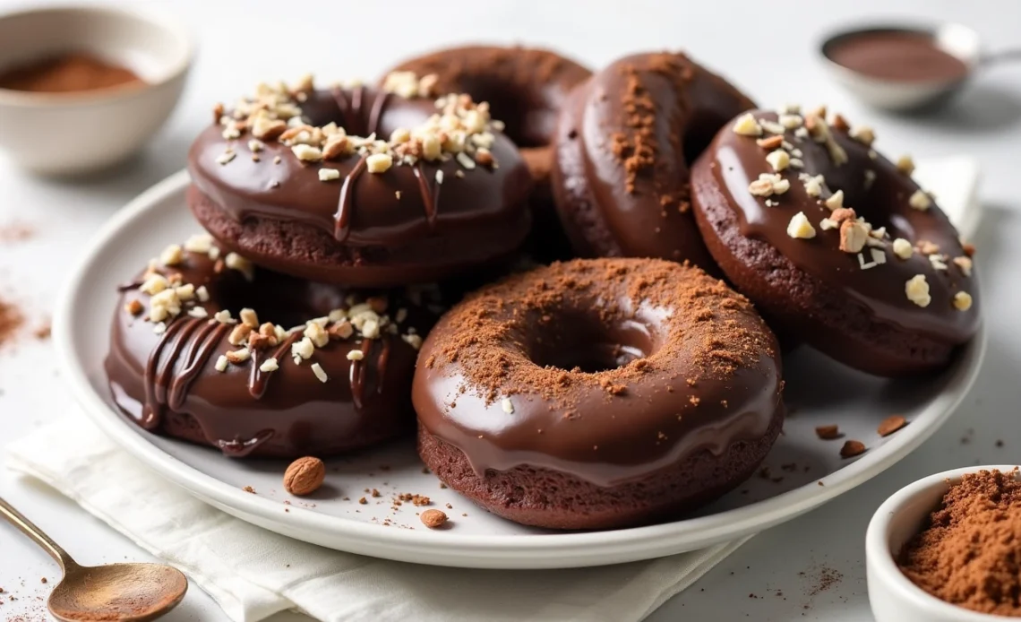 A stack of freshly baked vegan and gluten-free chocolate donuts drizzled with rich chocolate glaze, garnished with cocoa powder.