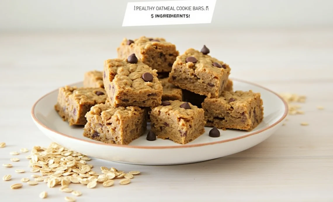 A stack of healthy oatmeal cookie bars made with just five ingredients, featuring a chewy texture and golden-brown edges.