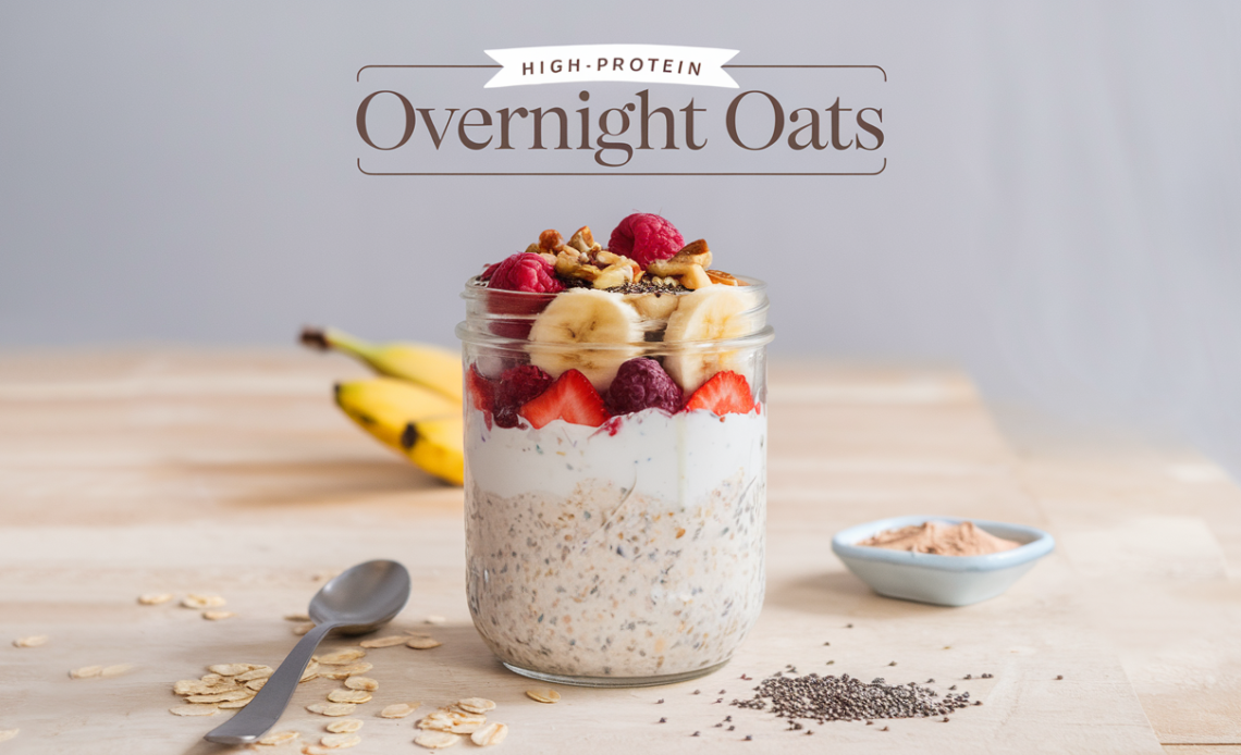 A jar of high-protein overnight oats topped with fresh berries, nuts, and a drizzle of honey, served on a wooden table.