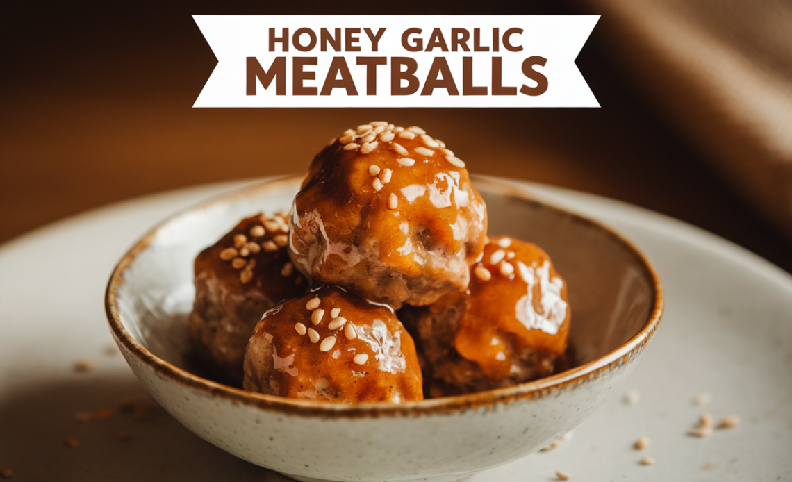 A plate of tender honey garlic meatballs drizzled with a sticky glaze, garnished with chopped green onions, and served with a side of dipping sauce.