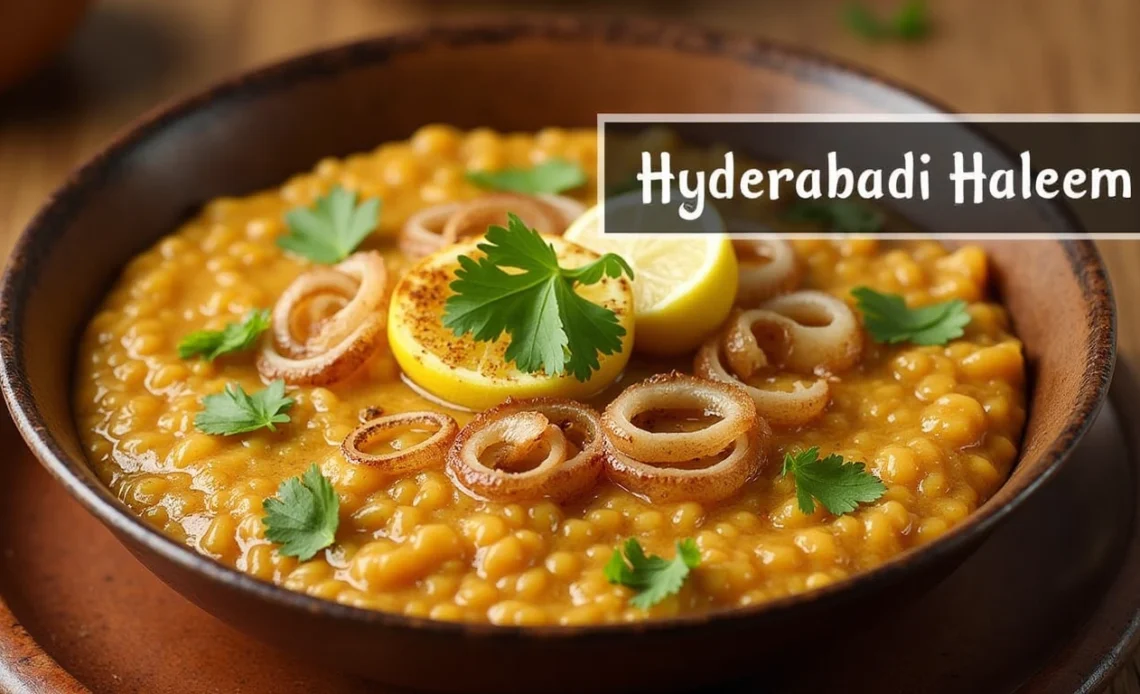 A bowl of rich and creamy Hyderabadi Haleem garnished with fried onions, fresh cilantro, lemon wedges, and crispy fried cashews.