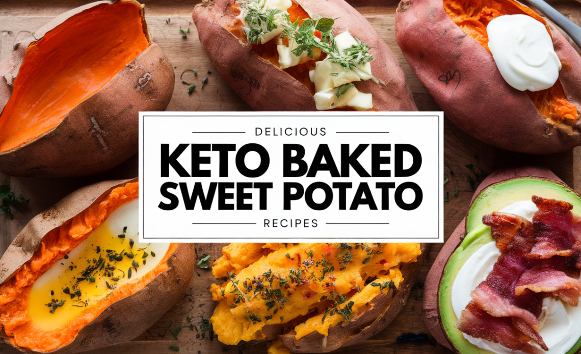 A plate of golden-brown, oven-baked keto-friendly sweet potato slices, garnished with fresh herbs and served with a side of dipping sauce.