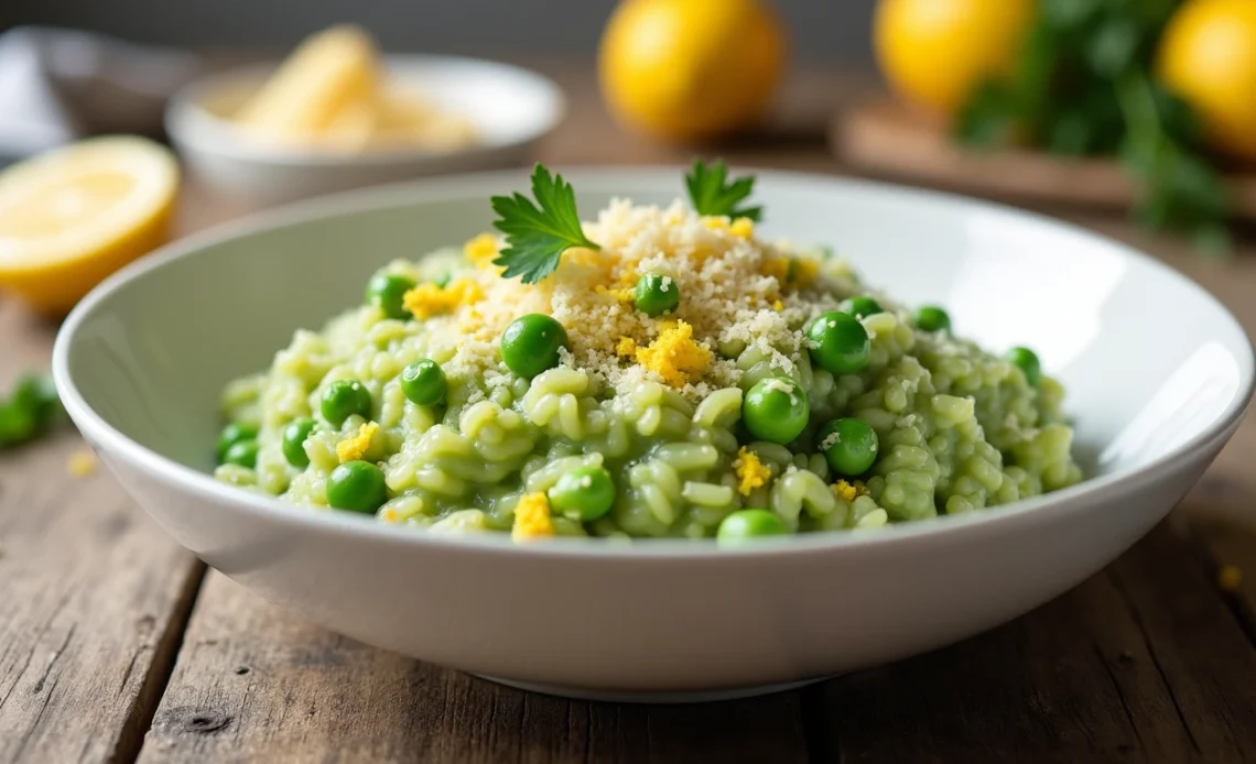 A creamy lemon parmesan pea risotto served in a white bowl, garnished with fresh herbs and a sprinkle of grated parmesan.