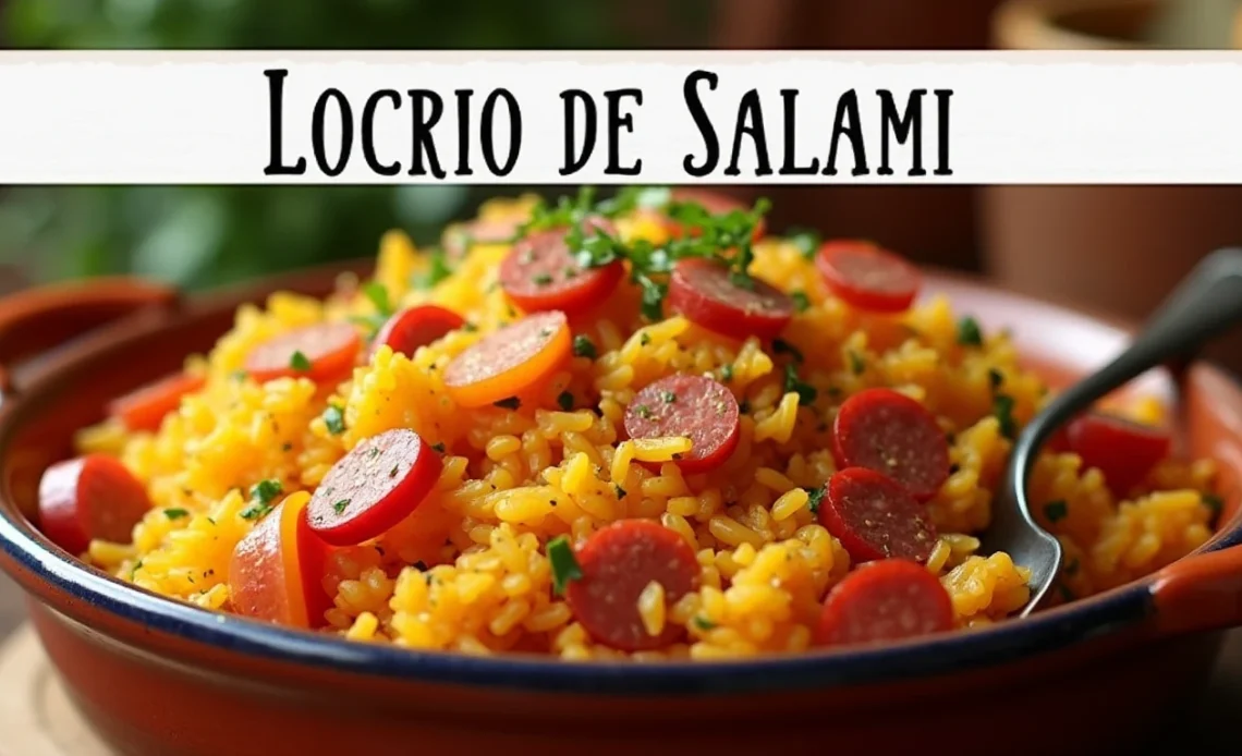 A hearty plate of Locrio de Salami, a Dominican rice dish with golden, flavorful rice, crispy sautéed salami, and colorful bell peppers.