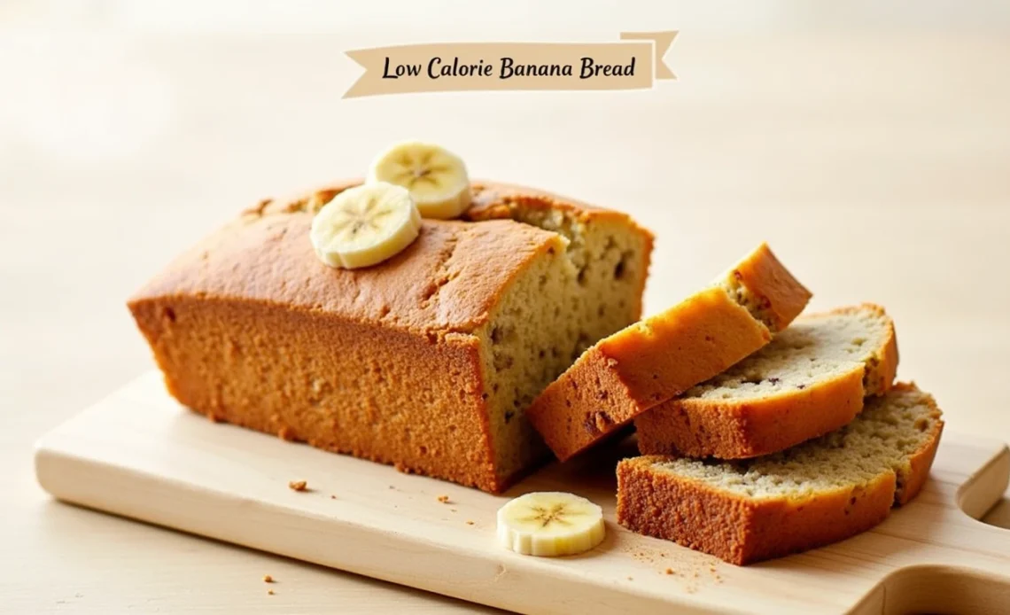 A freshly baked loaf of low-calorie banana bread on a wooden cutting board, with a few slices cut to reveal its moist texture.