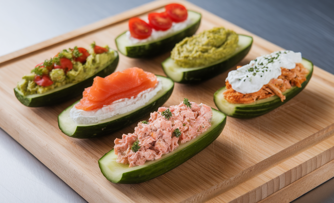 A platter of colorful low-carb cucumber boats filled with a variety of fresh toppings, including tuna salad, cream cheese, and diced veggies.