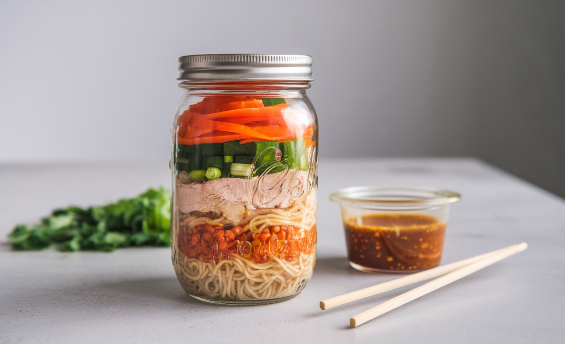 A glass mason jar filled with homemade instant noodles, fresh vegetables, and seasoning, ready for a quick and easy meal.