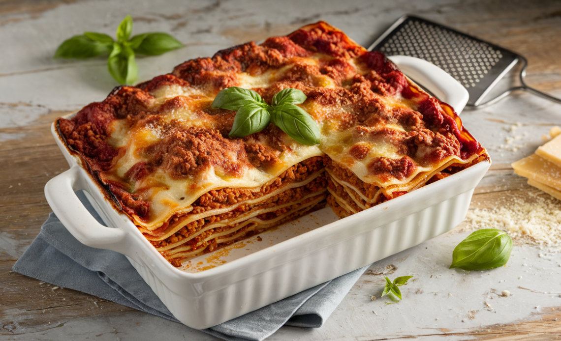 A delicious, cheesy Million Dollar Lasagna with layers of rich meat sauce, creamy ricotta, and gooey melted mozzarella, served fresh in a baking dish.