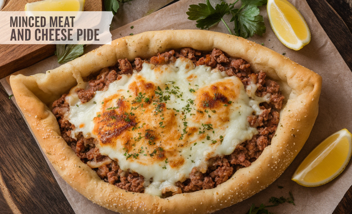 A freshly baked, golden-brown minced meat and cheese pide, sliced and served on a wooden board with a side of fresh herbs.