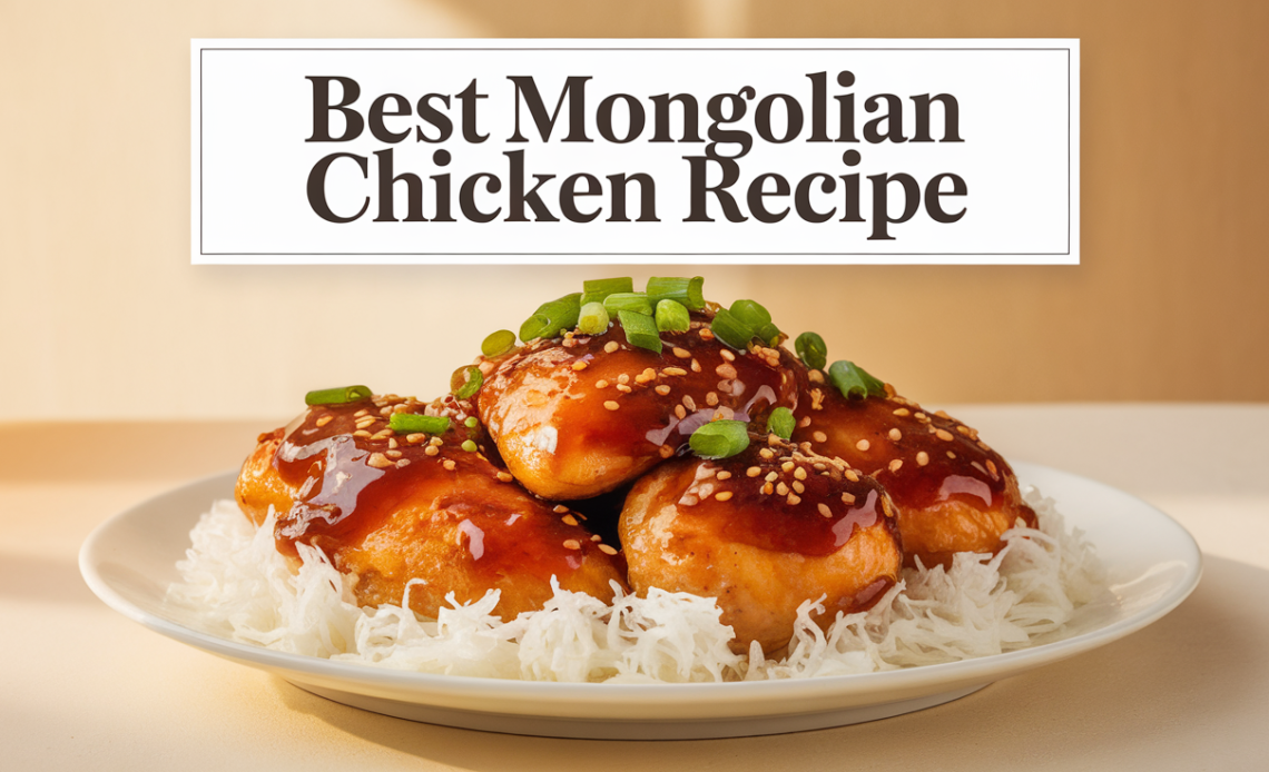 A plate of Mongolian chicken with crispy, caramelized chicken pieces coated in a savory-sweet sauce, garnished with green onions and sesame seeds, served over steamed rice.