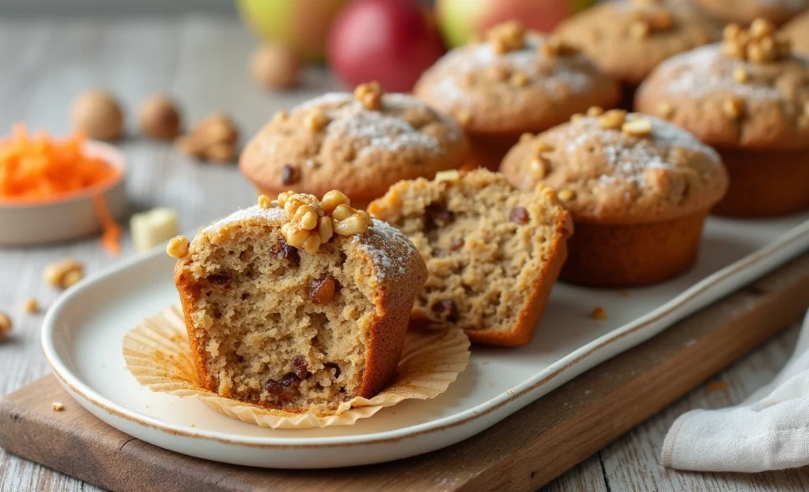 A plate of freshly baked morning glory muffins with visible chunks of carrots, nuts, and raisins, served warm.