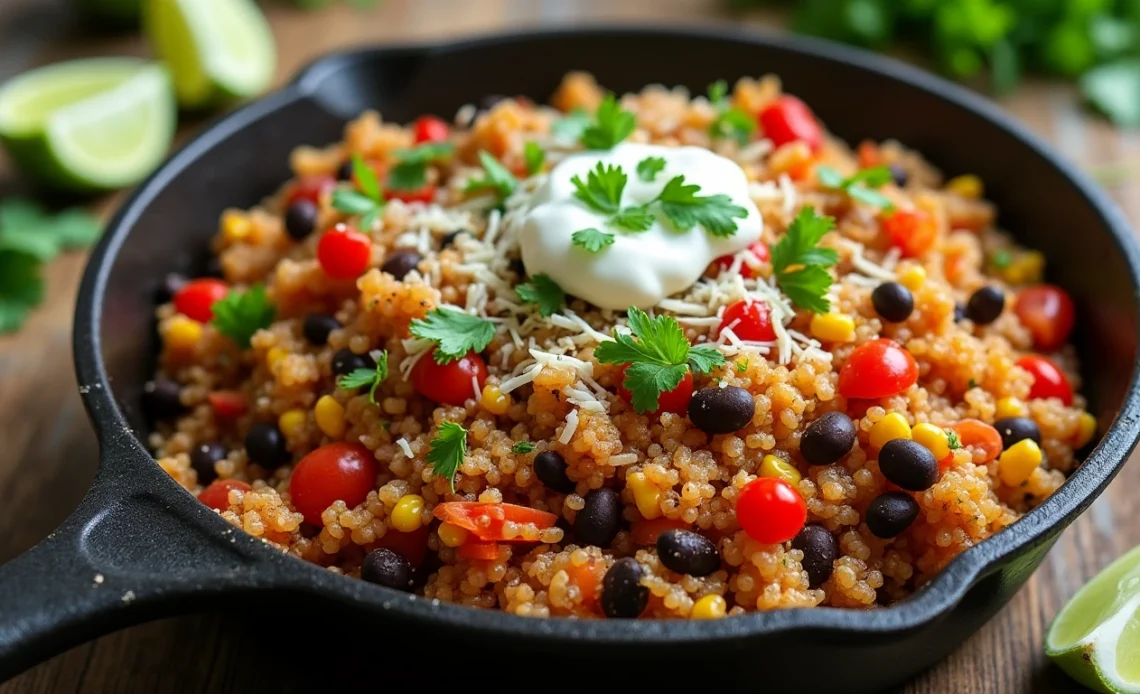 A colorful skillet filled with Mexican quinoa, black beans, corn, diced tomatoes, and bell peppers, garnished with fresh cilantro and avocado slices.