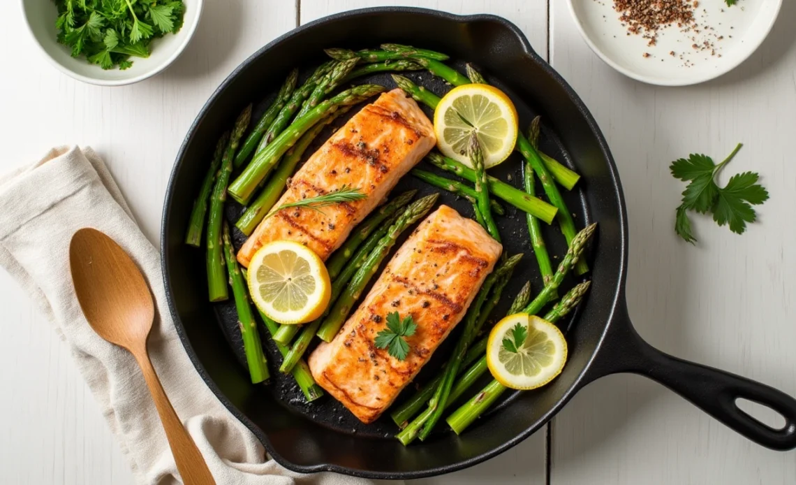 A one-pan salmon and asparagus skillet with perfectly seared salmon fillets and tender asparagus spears, garnished with lemon slices and fresh herbs.