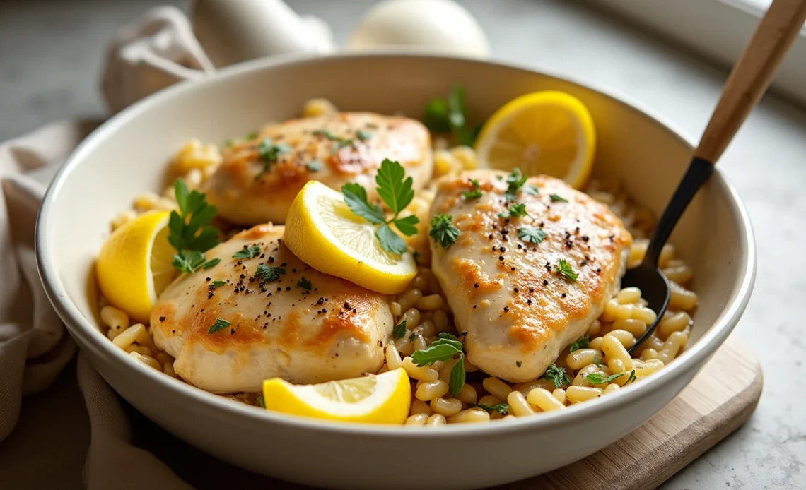 A steaming bowl of one-pot lemon chicken orzo, garnished with fresh parsley and lemon slices, served in a rustic white dish.
