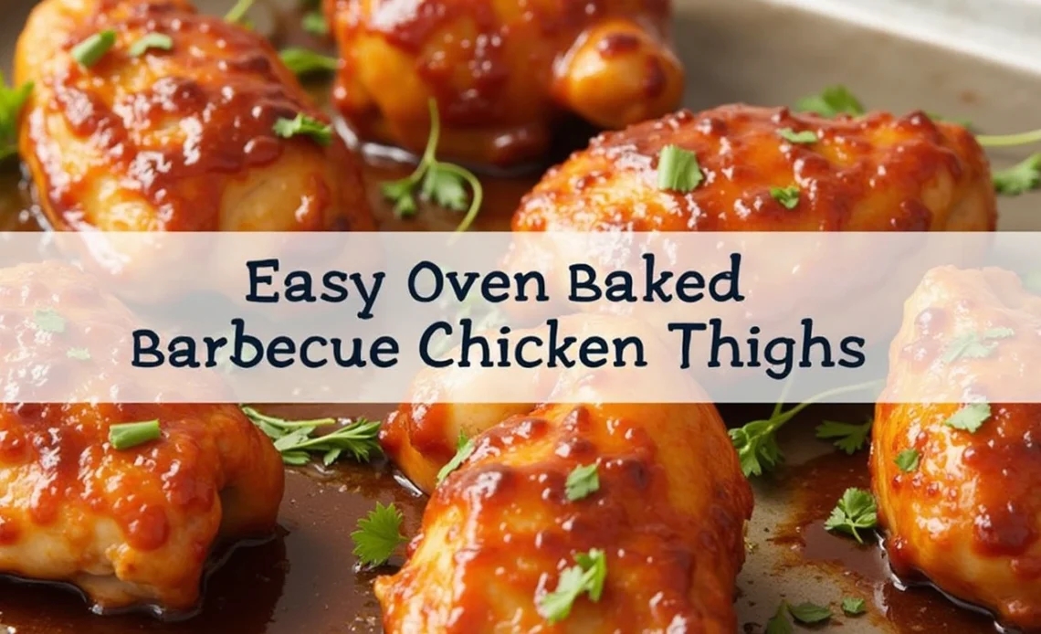 Oven-baked barbecue chicken thighs with a crispy, caramelized glaze, served on a plate with a side of roasted vegetables.
