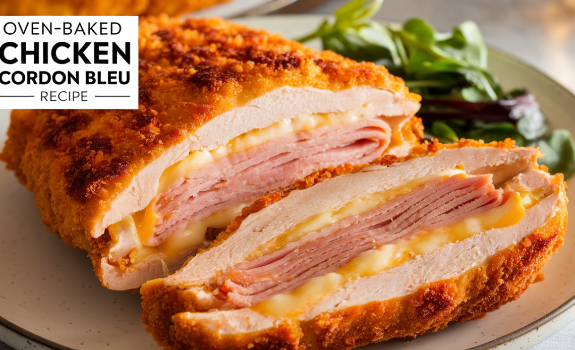 A golden-brown, oven-baked chicken cordon bleu sliced open to reveal layers of melted cheese and ham, served with a side of fresh greens.