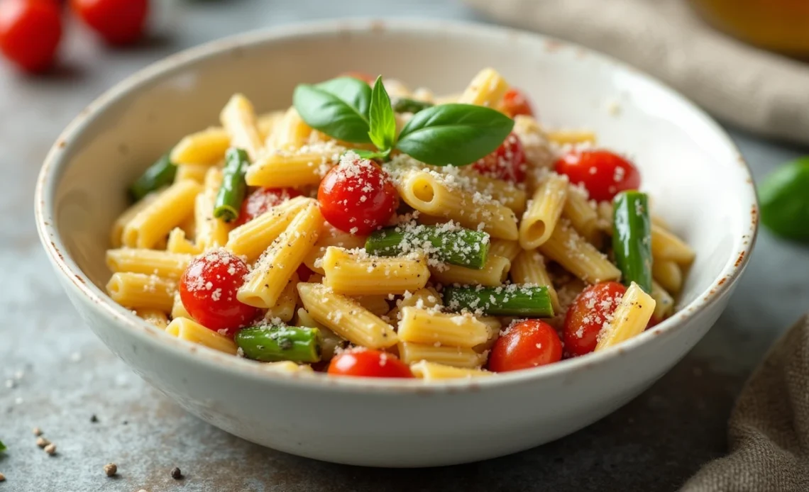 A colorful bowl of pasta primavera with fresh vegetables like bell peppers, zucchini, and cherry tomatoes, garnished with parmesan cheese and fresh basil.