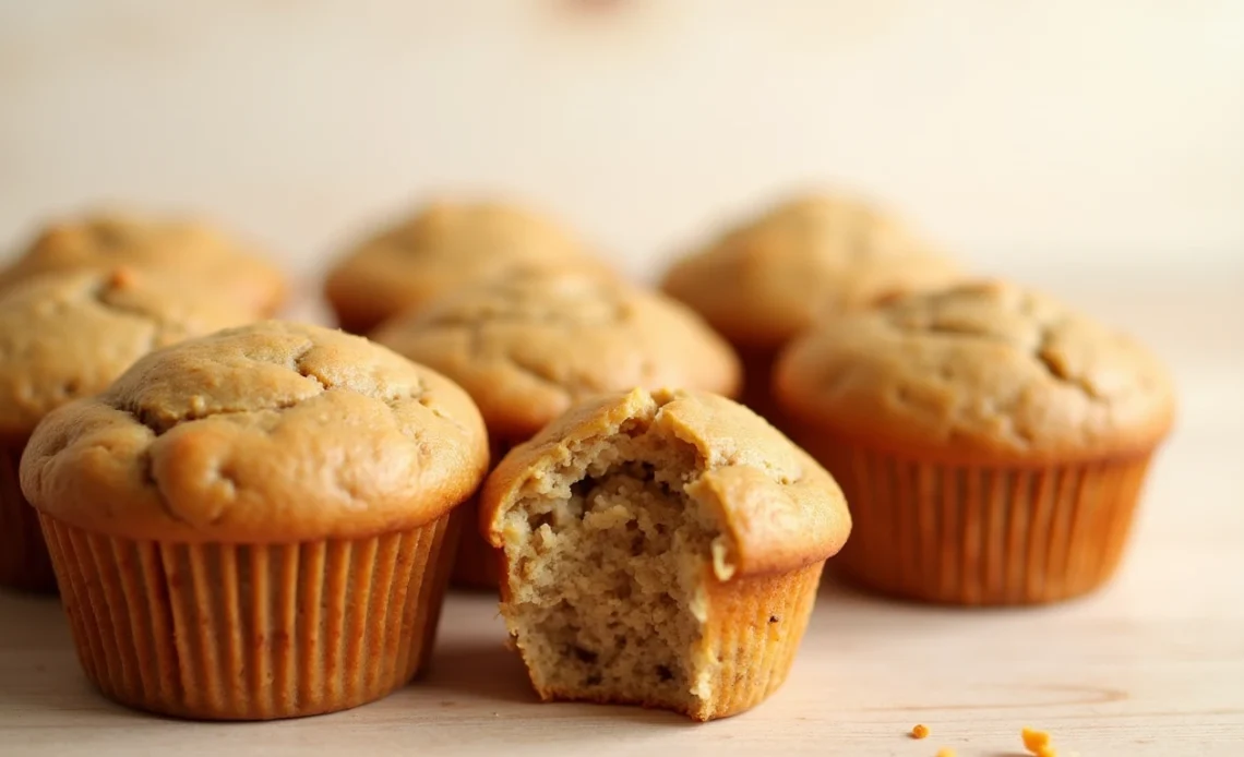 A close-up of golden, moist peanut butter banana muffins displayed on a wooden board, topped with banana slices and drizzled with peanut butter.