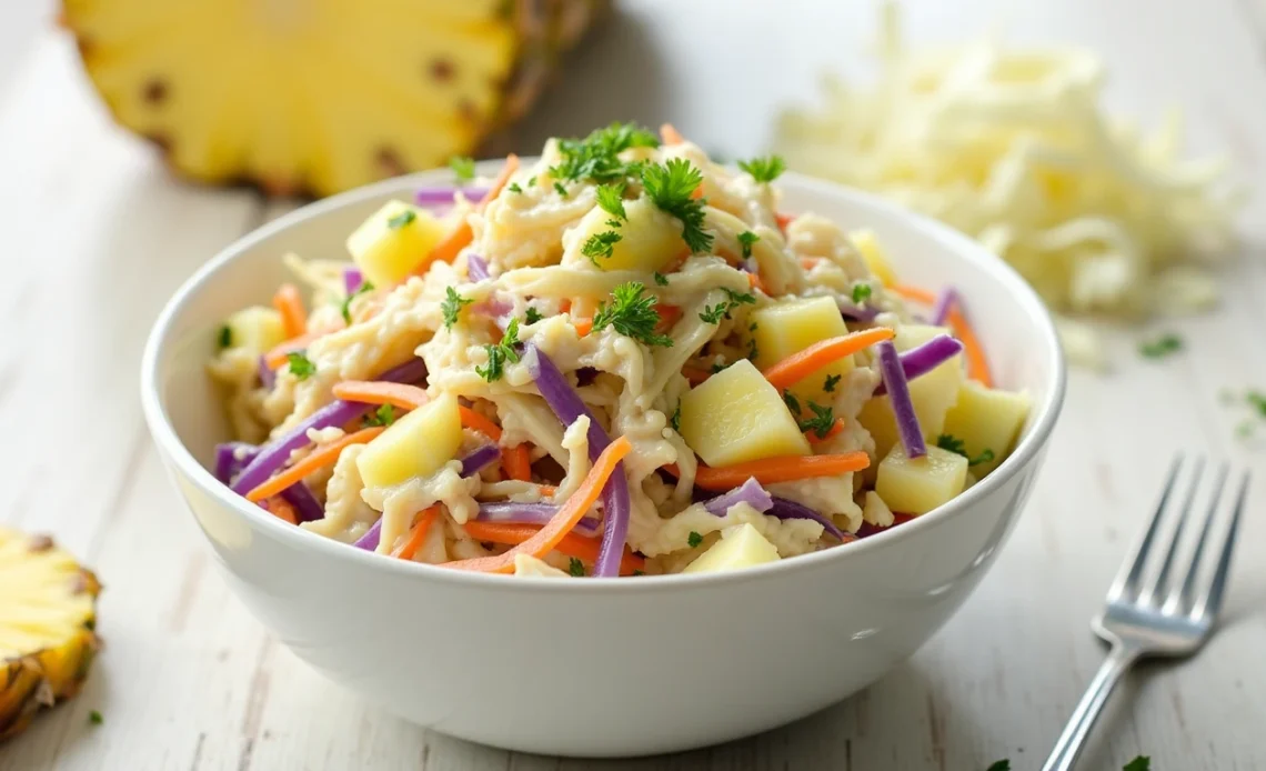 A bowl of creamy pineapple coleslaw with colorful shredded cabbage, carrots, and chunks of fresh pineapple.