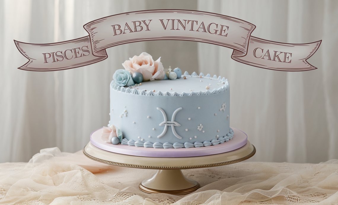 A beautifully decorated Pisces-themed vintage cake with intricate pastel piping, seashell details, and a dreamy ocean-inspired design, perfect for a Pisces baby celebration.