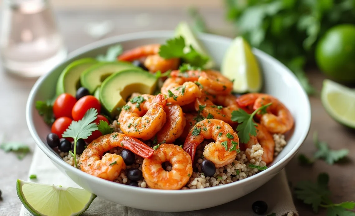 A vibrant bowl of chili-lime shrimp served over rice with sliced avocado, cherry tomatoes, and fresh cilantro.