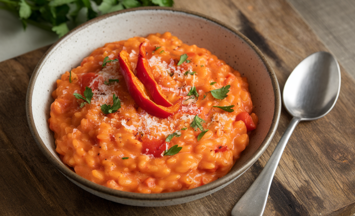 A creamy red pepper risotto garnished with fresh basil and Parmesan cheese, served in a white bowl.