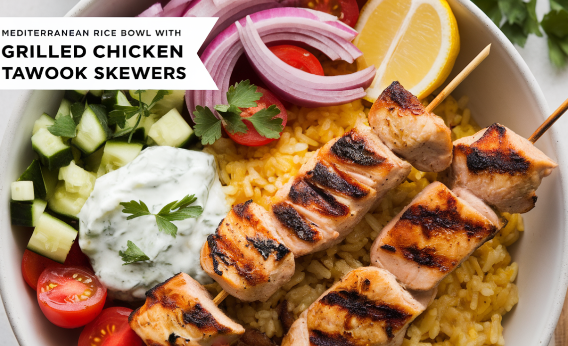 A colorful Mediterranean rice bowl topped with grilled chicken Tawook skewers, fresh cucumbers, cherry tomatoes, hummus, and a drizzle of garlic sauce.
