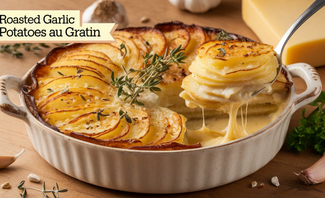 A creamy, golden-brown Roasted Garlic Potatoes au Gratin in a baking dish, topped with melted cheese and garnished with fresh herbs.