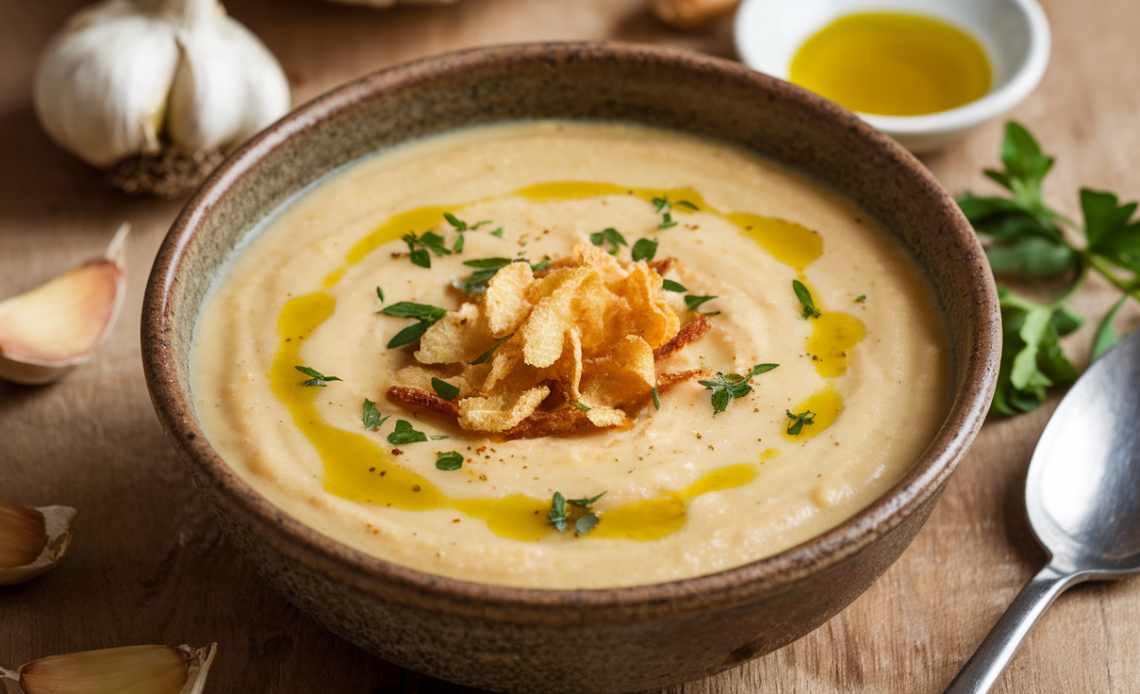 A creamy bowl of roasted garlic soup garnished with fresh herbs and crispy croutons, served in a rustic ceramic bowl.