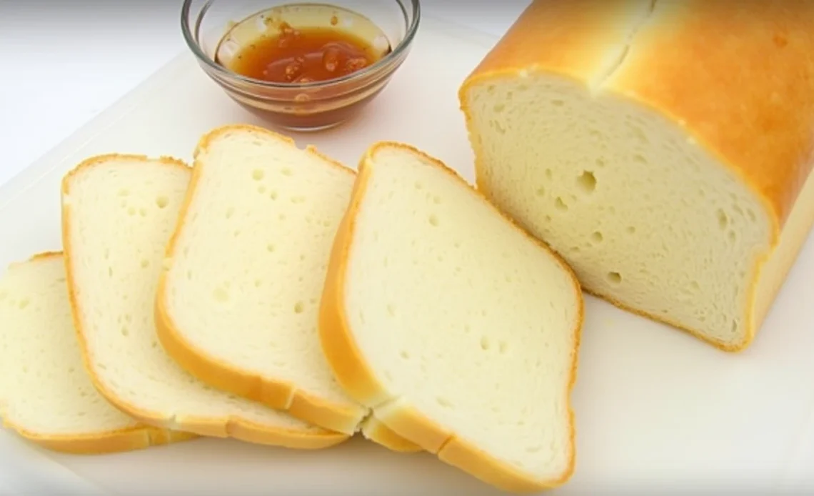 Soft, fluffy slices of homemade Shokupan (Japanese milk bread) stacked on a wooden cutting board with a pat of butter on top.