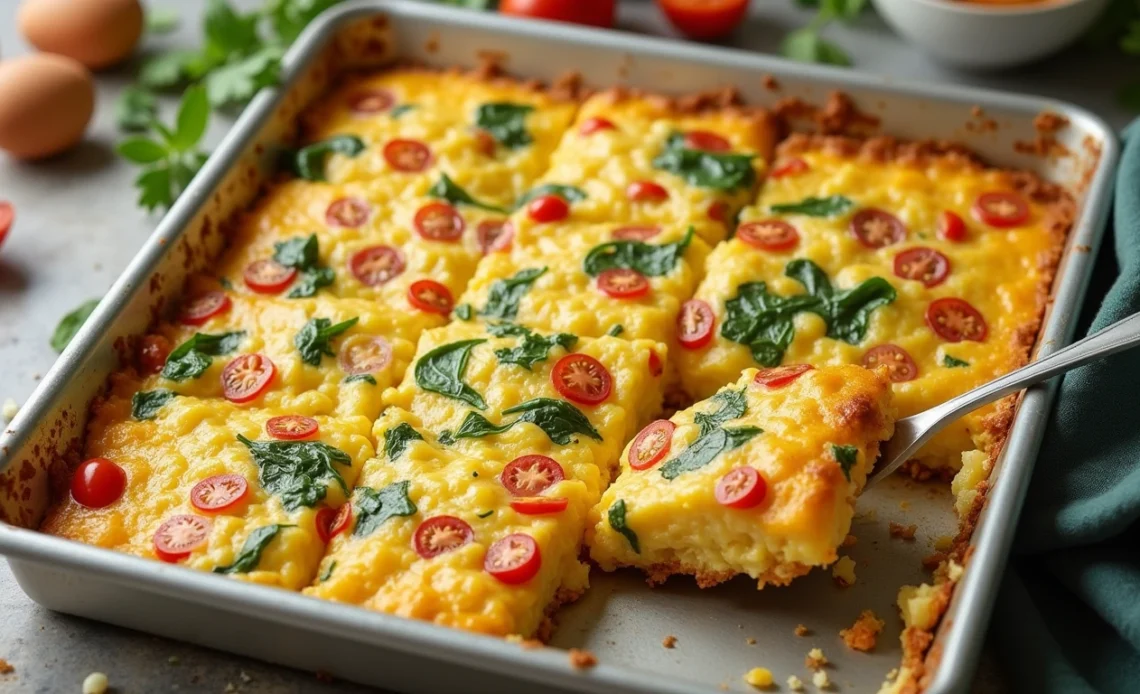 A freshly baked sheet pan filled with fluffy, golden scrambled eggs, garnished with herbs and ready to serve.