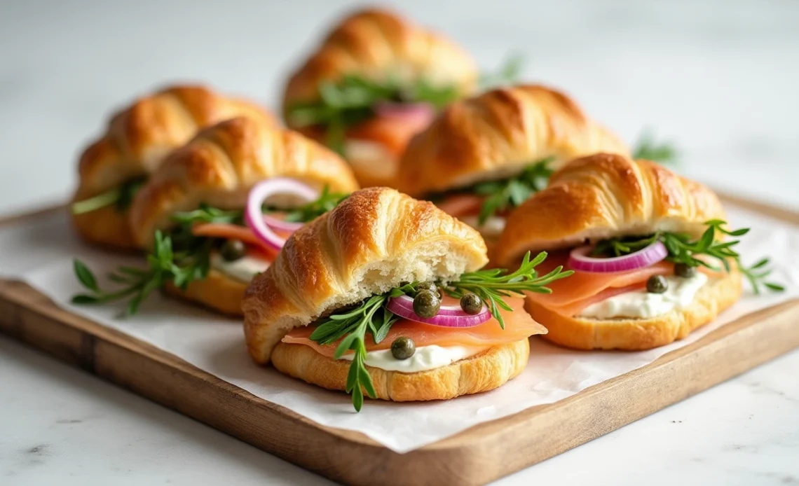 Flaky croissants filled with creamy spread and topped with smoked salmon, garnished with fresh dill and lemon slices.
