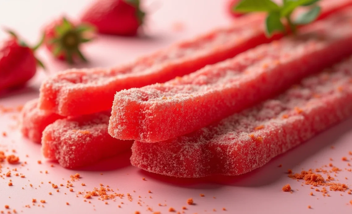 A stack of sour and chili chewy candy belts coated in sugar and chili powder, with a vibrant red strawberry hue, arranged on a plate.