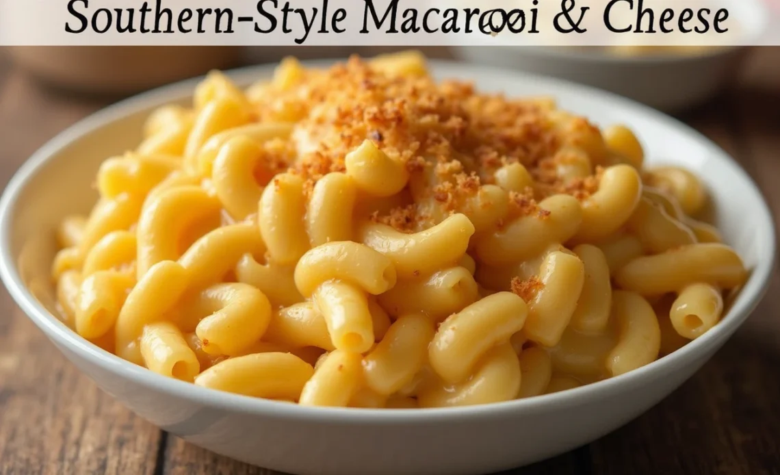 A creamy, golden plate of Southern-style macaroni and cheese, topped with a crispy, baked crust.