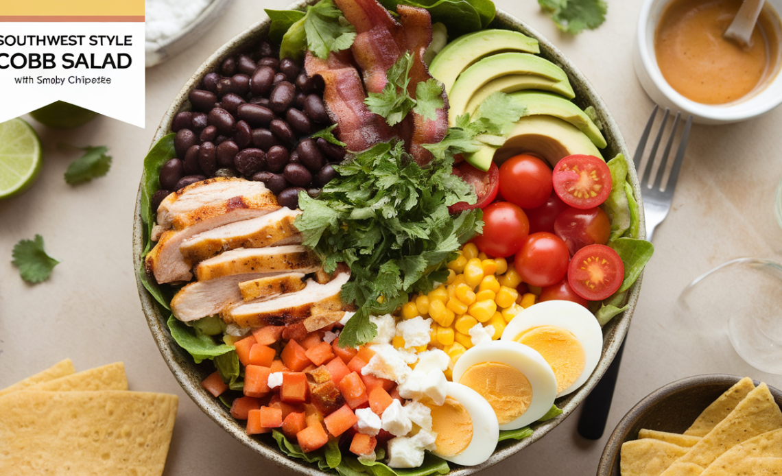 A vibrant Southwest-style Cobb salad with grilled chicken, avocado, cherry tomatoes, black beans, corn, crispy bacon, and hard-boiled eggs, drizzled with a smoky chipotle dressing.