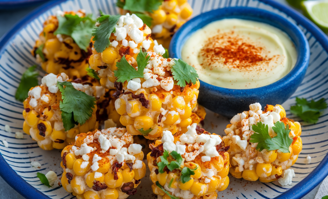 Spicy Mexican Corn Bites served with a side of dipping sauce, topped with fresh herbs and chili flakes.