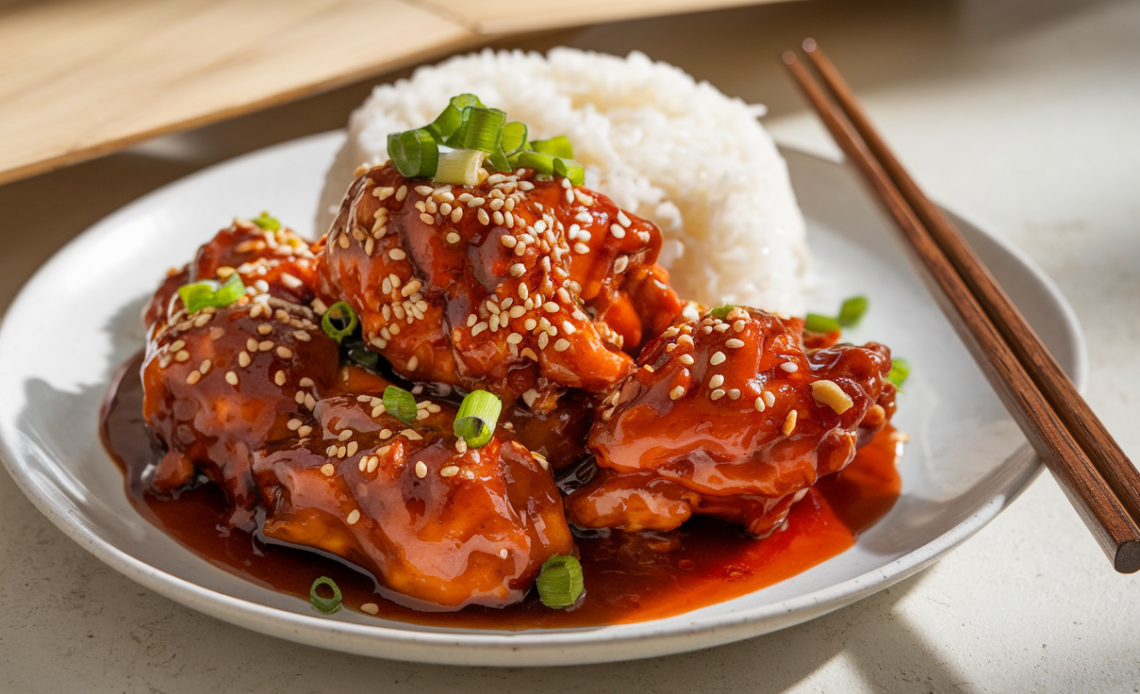 Close-up of Spicy Sticky Korean Chicken garnished with sesame seeds and green onions, served on a plate with a side of steamed rice.